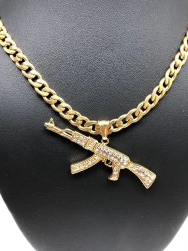 Men Gold Plated Hip Hop Iced Out Ak-47 Machine Gun Pendant 30 Cuban Link Chain 7mm