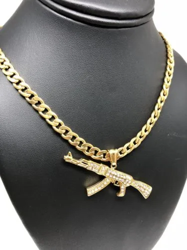 Men Gold Plated Hip Hop Iced Out Ak-47 Machine Gun Pendant 30 Cuban Link Chain 7mm