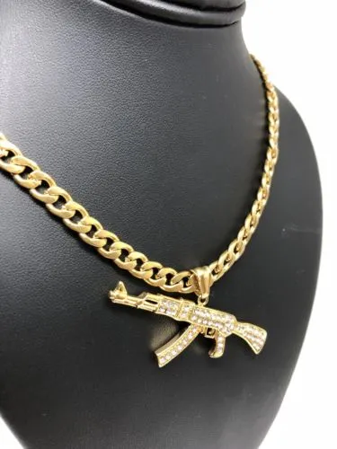 Men Gold Plated Hip Hop Iced Out Ak-47 Machine Gun Pendant 30 Cuban Link Chain 7mm