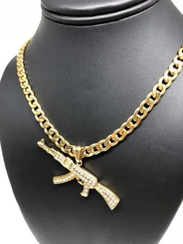 Men Gold Plated Hip Hop Iced Out Ak-47 Machine Gun Pendant 30 Cuban Link Chain 7mm