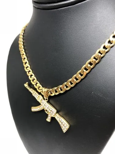 Men Gold Plated Hip Hop Iced Out Ak-47 Machine Gun Pendant 30 Cuban Link Chain 7mm