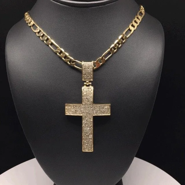 Men Hip Hop Gold Plated Iced Out Cross CZ Pendant Necklace 26 Figaro Chain 7mm