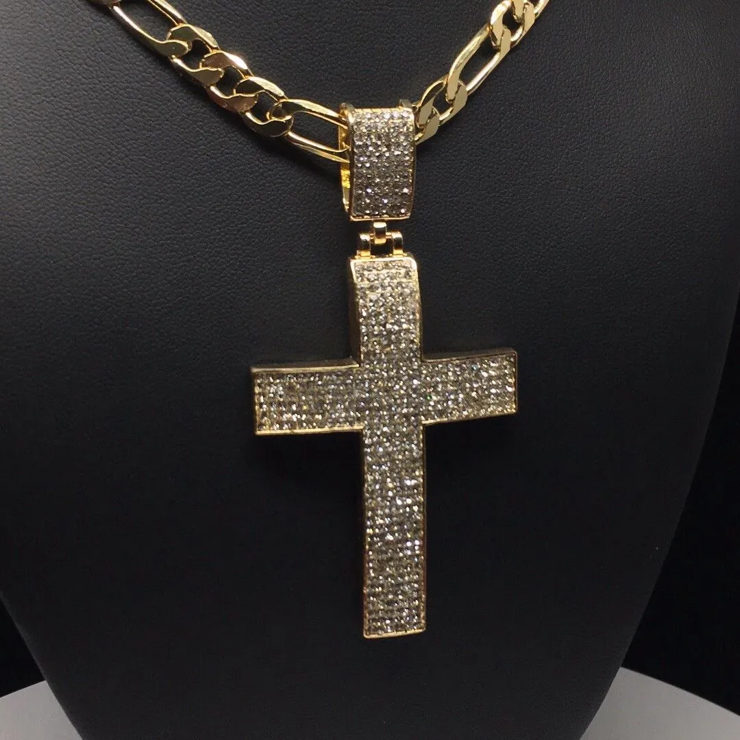 Men Hip Hop Gold Plated Iced Out Cross CZ Pendant Necklace 26 Figaro Chain 7mm