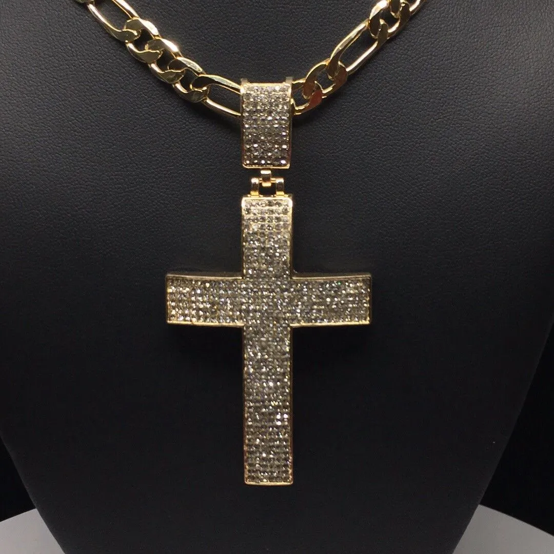 Men Hip Hop Gold Plated Iced Out Cross CZ Pendant Necklace 26 Figaro Chain 7mm