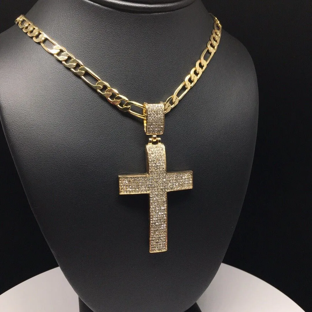 Men Hip Hop Gold Plated Iced Out Cross CZ Pendant Necklace 26 Figaro Chain 7mm