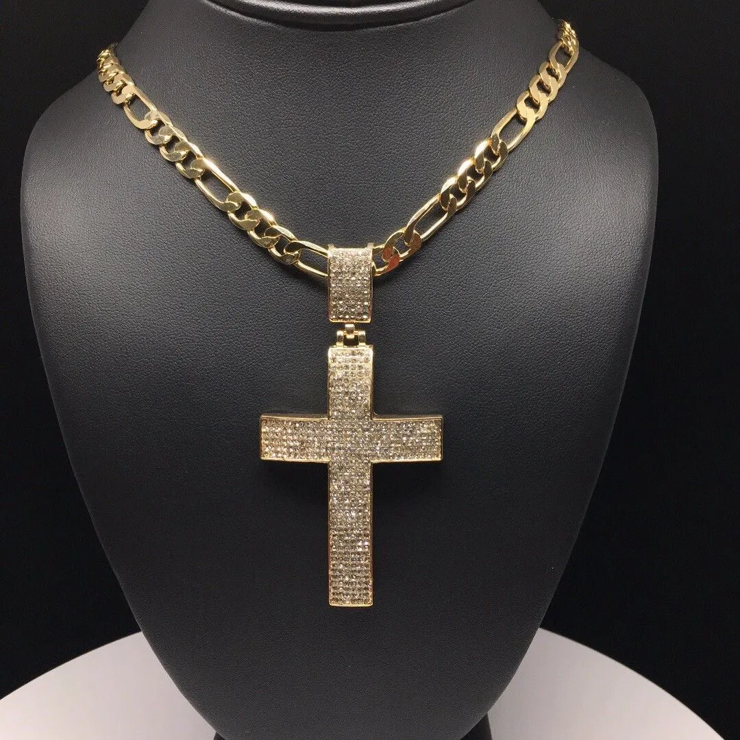 Men Hip Hop Gold Plated Iced Out Cross CZ Pendant Necklace 26 Figaro Chain 7mm