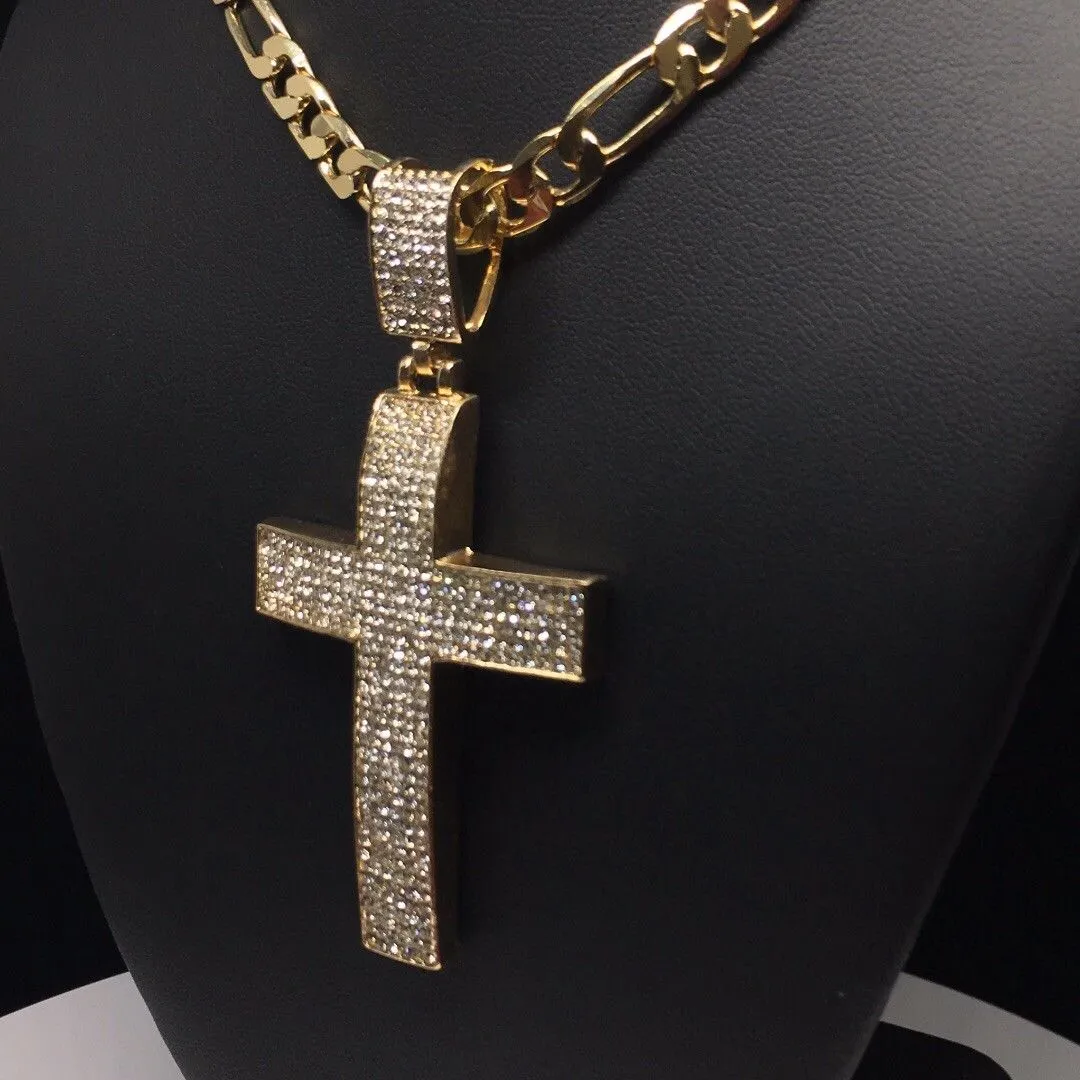 Men Hip Hop Gold Plated Iced Out Cross CZ Pendant Necklace 26 Figaro Chain 7mm