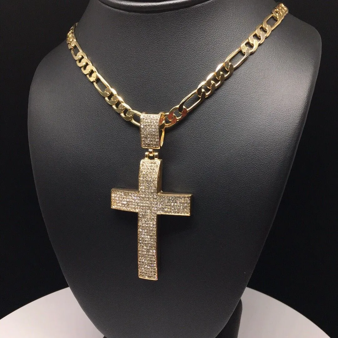 Men Hip Hop Gold Plated Iced Out Cross CZ Pendant Necklace 26 Figaro Chain 7mm