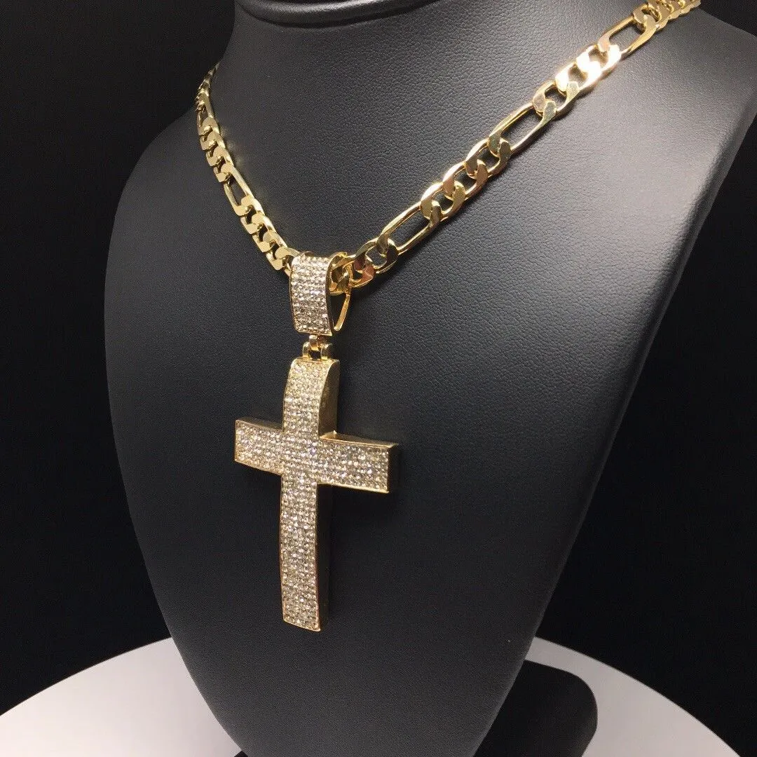 Men Hip Hop Gold Plated Iced Out Cross CZ Pendant Necklace 26 Figaro Chain 7mm