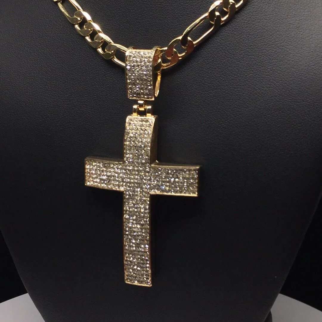 Men Hip Hop Gold Plated Iced Out Cross CZ Pendant Necklace 26 Figaro Chain 7mm