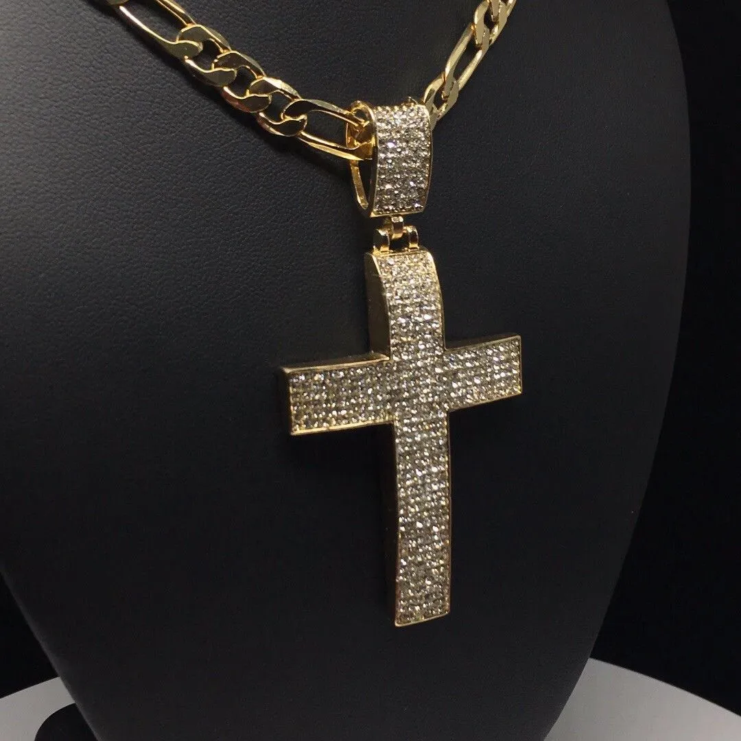 Men Hip Hop Gold Plated Iced Out Cross CZ Pendant Necklace 26 Figaro Chain 7mm