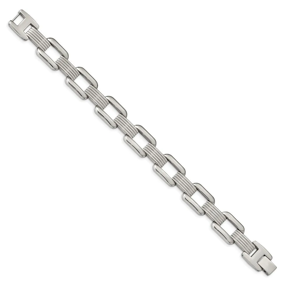 Men's 14mm Stainless Steel Open and Grooved Link Bracelet, 8.5 Inch