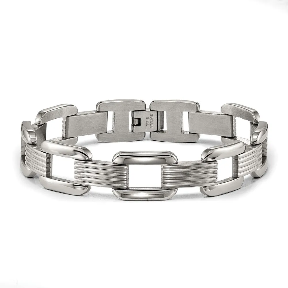 Men's 14mm Stainless Steel Open and Grooved Link Bracelet, 8.5 Inch