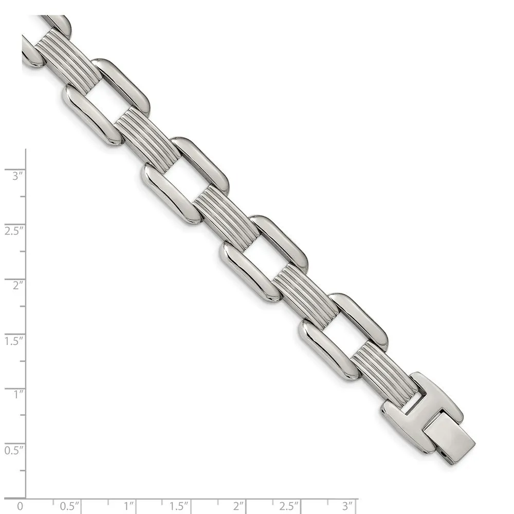 Men's 14mm Stainless Steel Open and Grooved Link Bracelet, 8.5 Inch