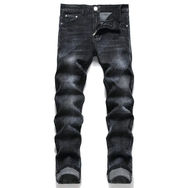 Men's Punk Printed Small Ground Foot Mid-waist Pencil Jeans Trousers