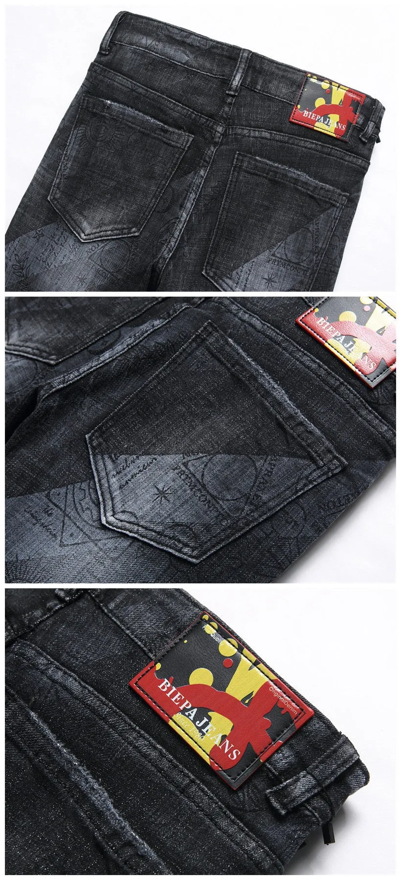 Men's Punk Printed Small Ground Foot Mid-waist Pencil Jeans Trousers