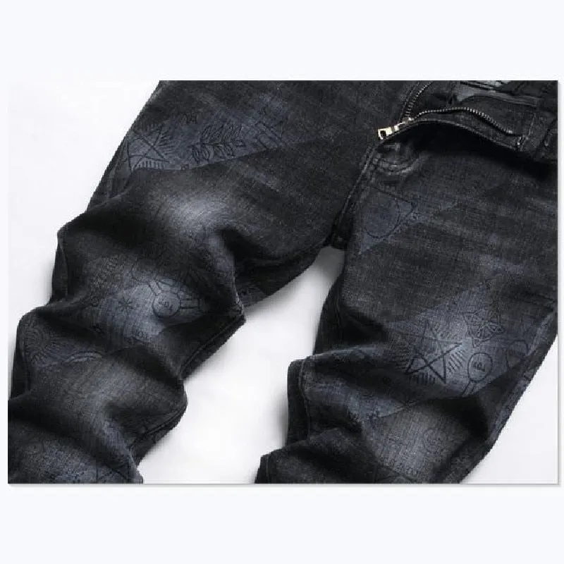 Men's Punk Printed Small Ground Foot Mid-waist Pencil Jeans Trousers