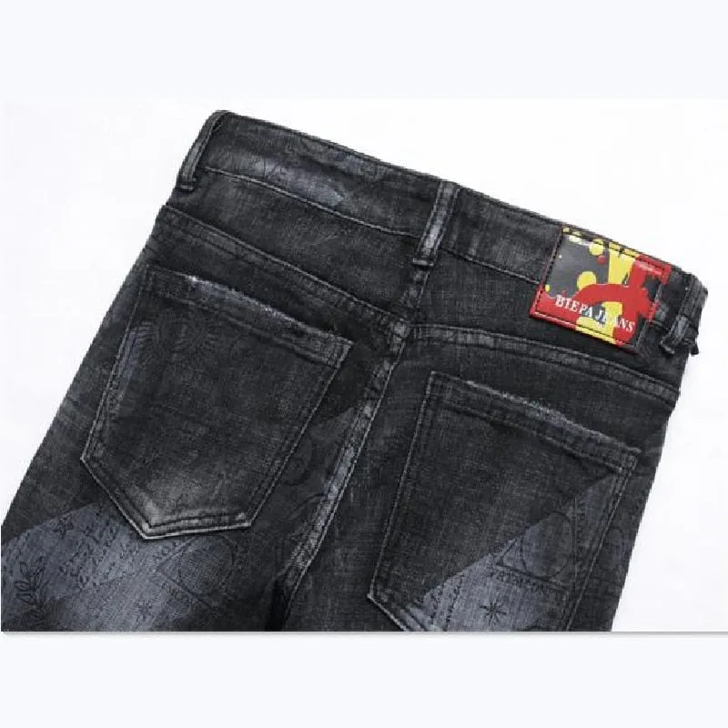 Men's Punk Printed Small Ground Foot Mid-waist Pencil Jeans Trousers