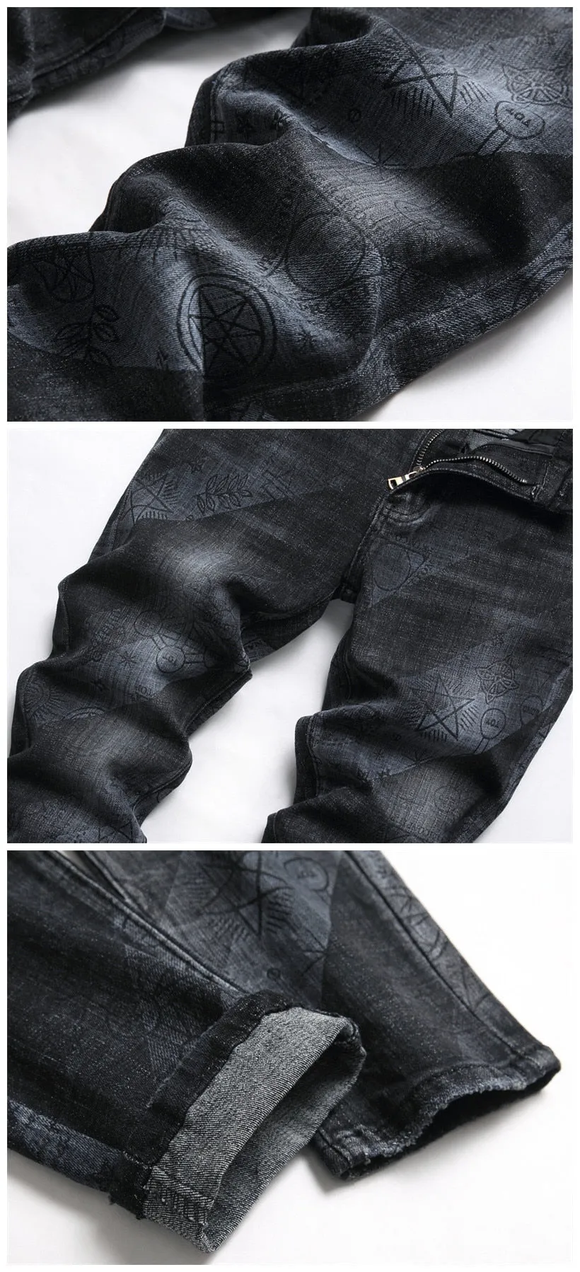 Men's Punk Printed Small Ground Foot Mid-waist Pencil Jeans Trousers