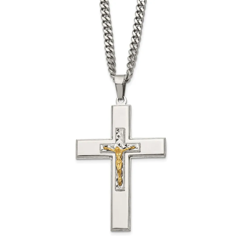 Men's Stainless Steel & Gold Tone XL Crucifix Necklace, 24 Inch