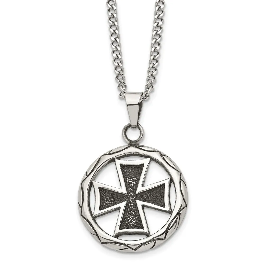 Men's Stainless Steel Antiqued Maltese Cross Circle Necklace, 22 Inch