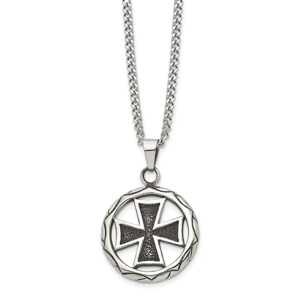 Men's Stainless Steel Antiqued Maltese Cross Circle Necklace, 22 Inch