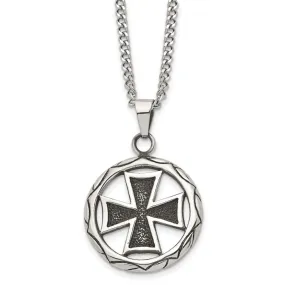 Men's Stainless Steel Antiqued Maltese Cross Circle Necklace, 22 Inch