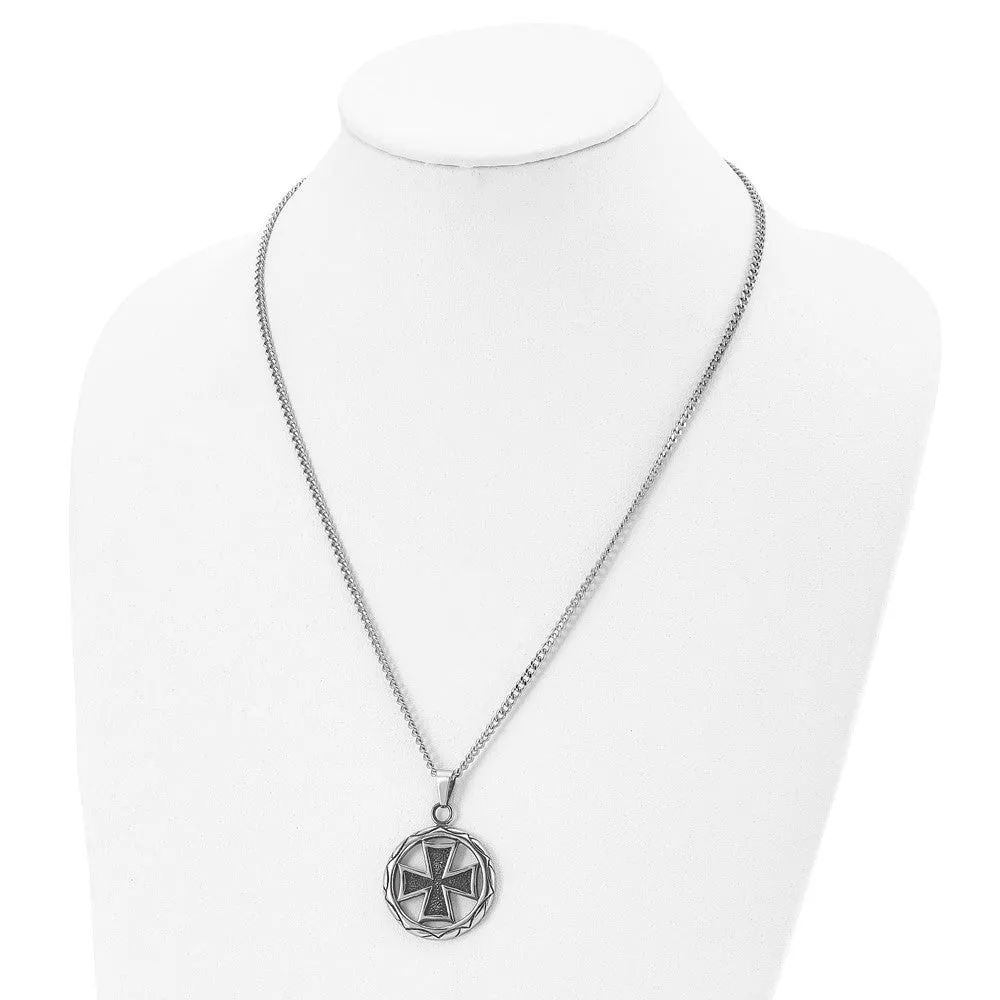 Men's Stainless Steel Antiqued Maltese Cross Circle Necklace, 22 Inch