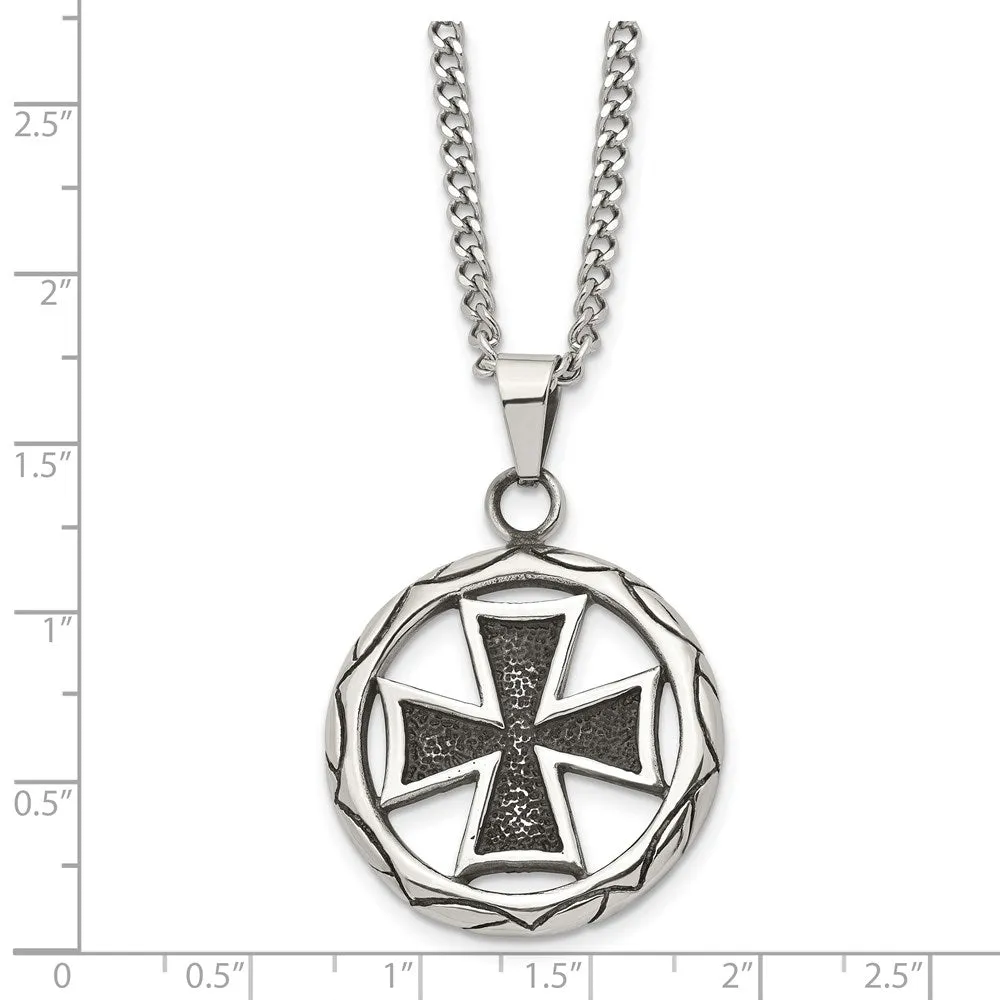 Men's Stainless Steel Antiqued Maltese Cross Circle Necklace, 22 Inch