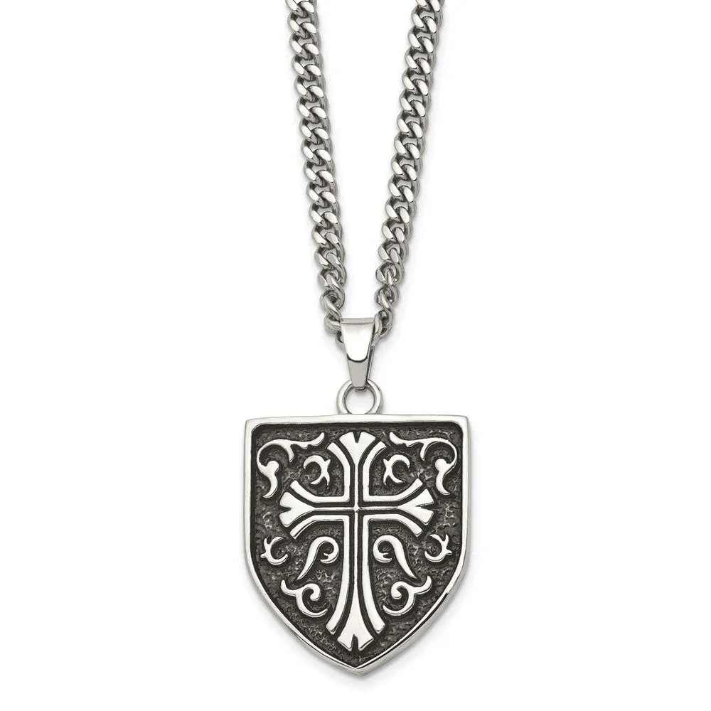 Men's Stainless Steel Antiqued Medieval Cross Shield Necklace, 24 Inch