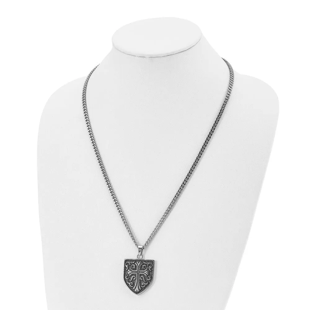 Men's Stainless Steel Antiqued Medieval Cross Shield Necklace, 24 Inch