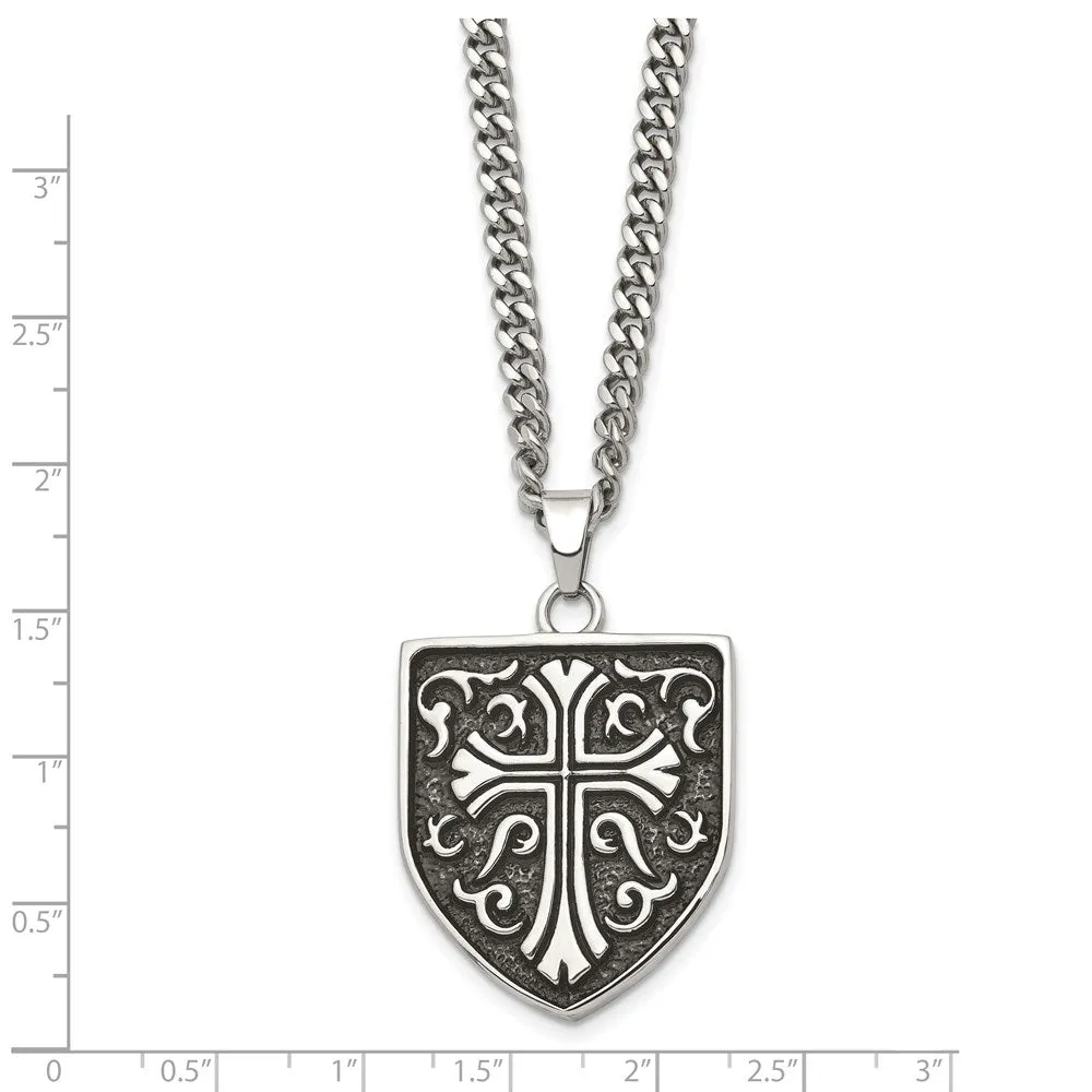 Men's Stainless Steel Antiqued Medieval Cross Shield Necklace, 24 Inch