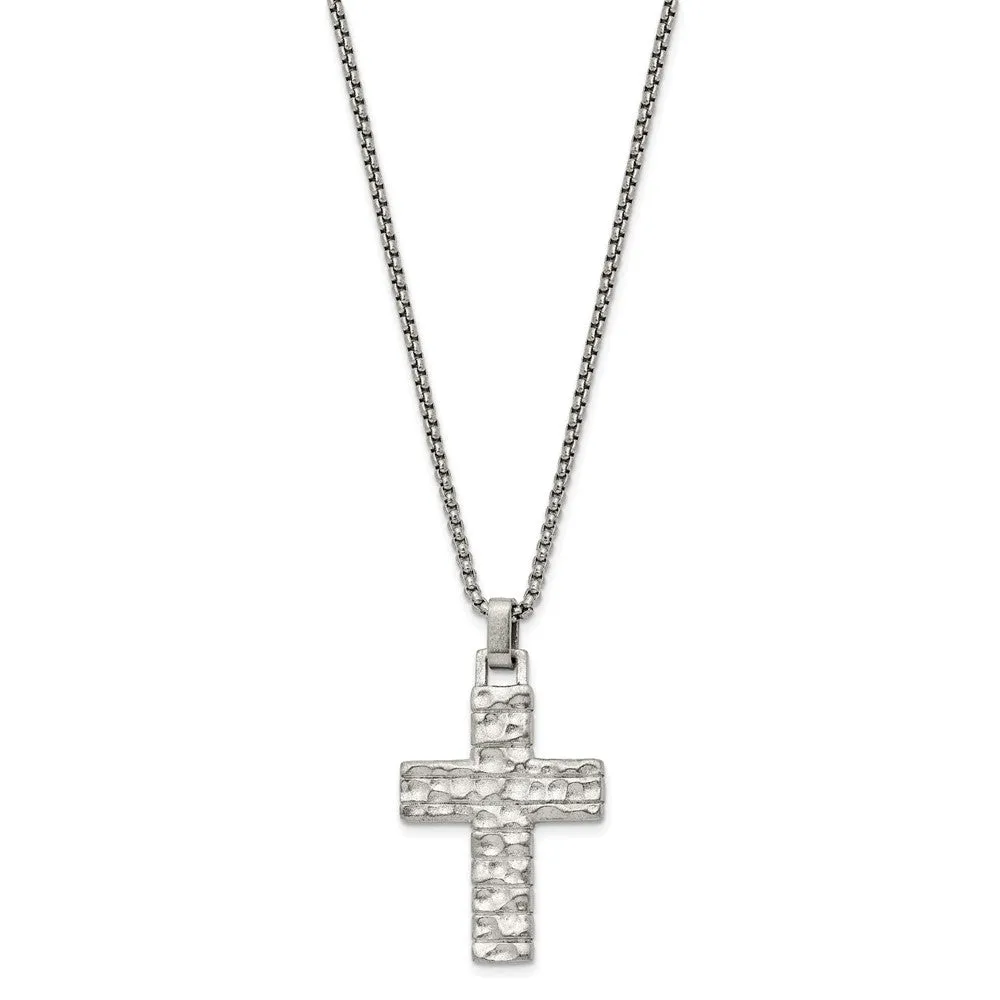 Men's Stainless Steel Brushed Textured Cross Necklace, 24 Inch