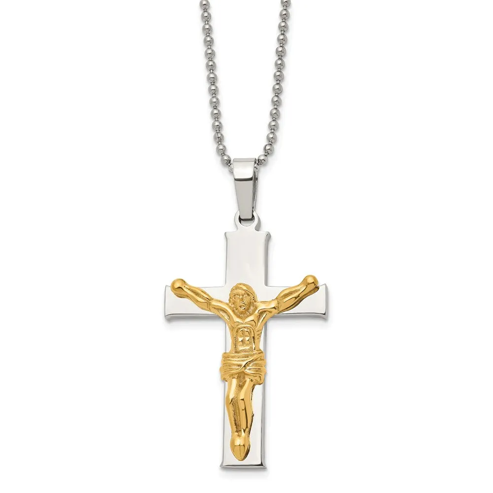 Men's Stainless Steel Gold Tone Plated Crucifix Necklace, 22 Inch