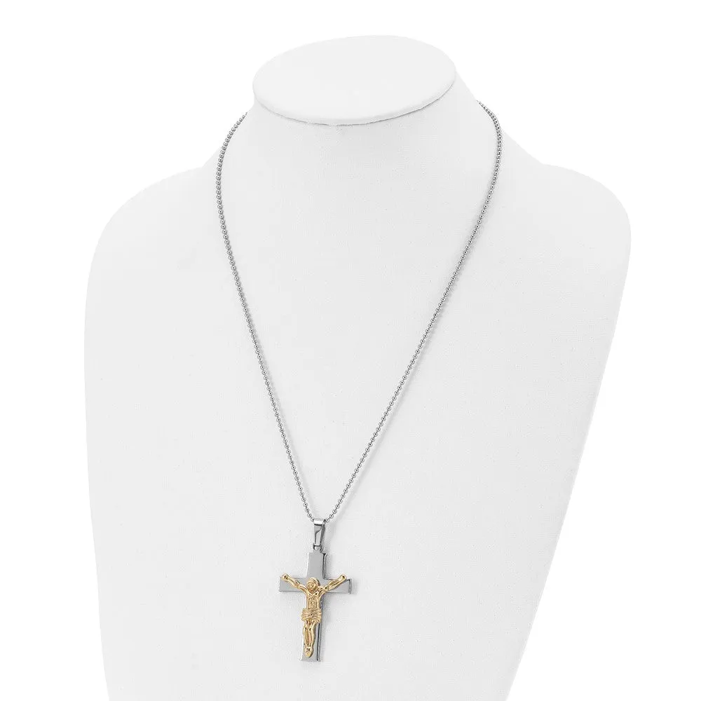 Men's Stainless Steel Gold Tone Plated Crucifix Necklace, 22 Inch