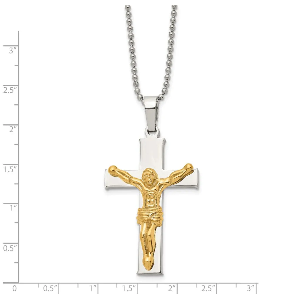 Men's Stainless Steel Gold Tone Plated Crucifix Necklace, 22 Inch