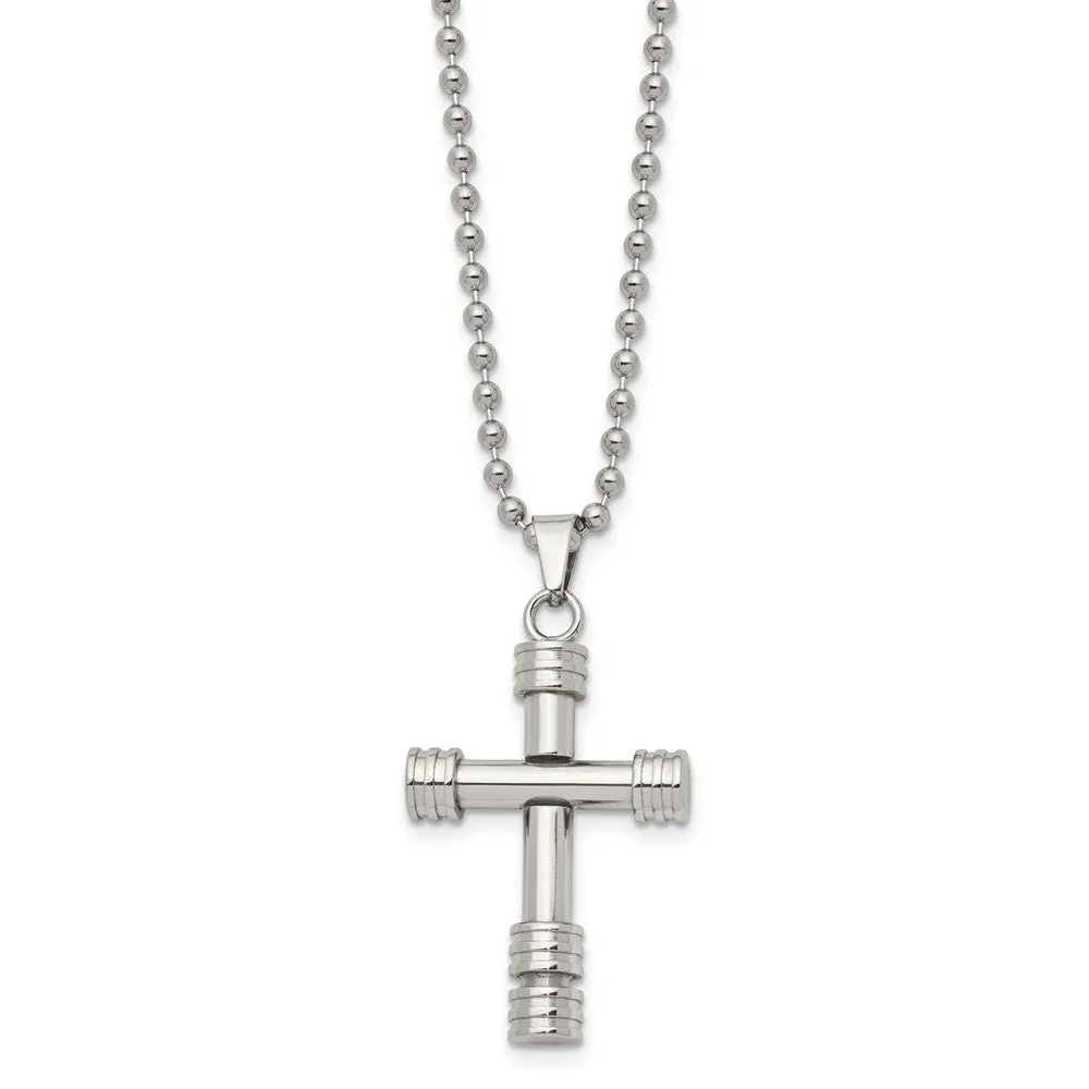 Men's Stainless Steel Polished Fancy Tube Cross Necklace, 22 Inch