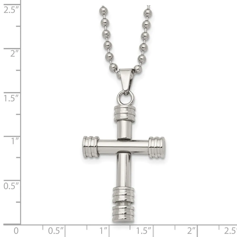 Men's Stainless Steel Polished Fancy Tube Cross Necklace, 22 Inch