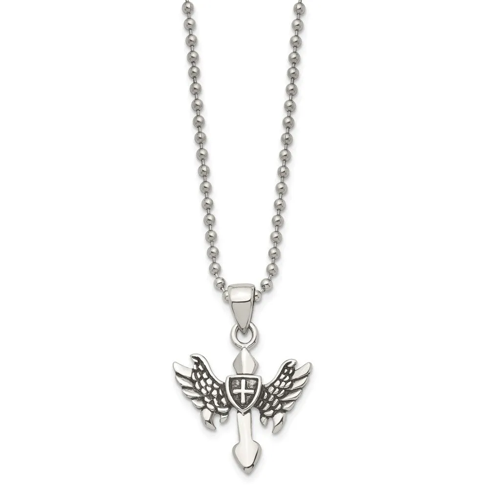 Men's Stainless Steel Small Antiqued Winged Cross Necklace, 20 Inch