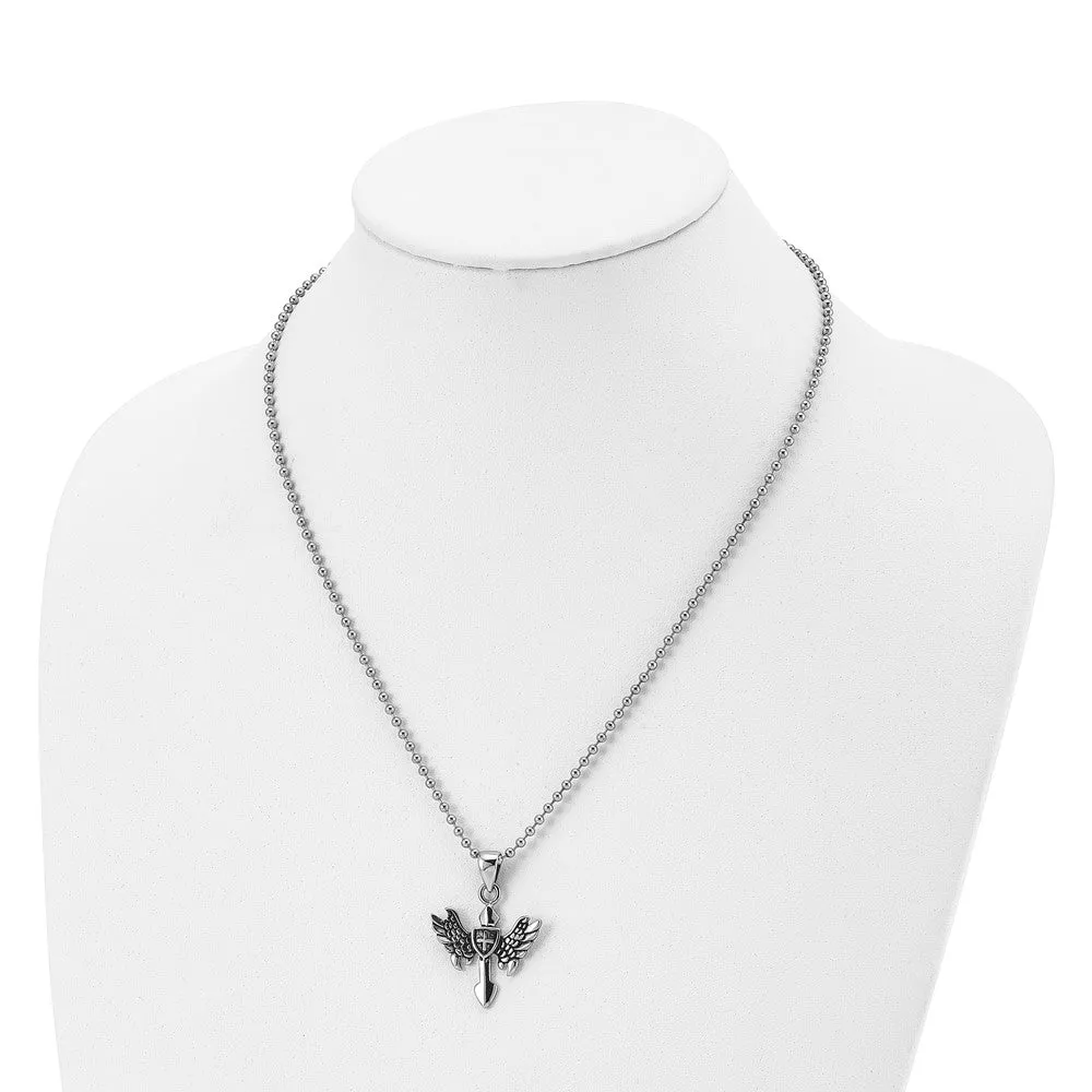 Men's Stainless Steel Small Antiqued Winged Cross Necklace, 20 Inch