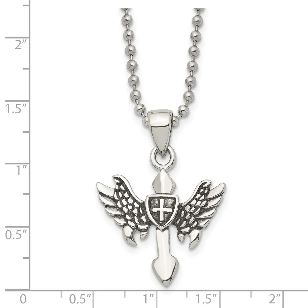 Men's Stainless Steel Small Antiqued Winged Cross Necklace, 20 Inch