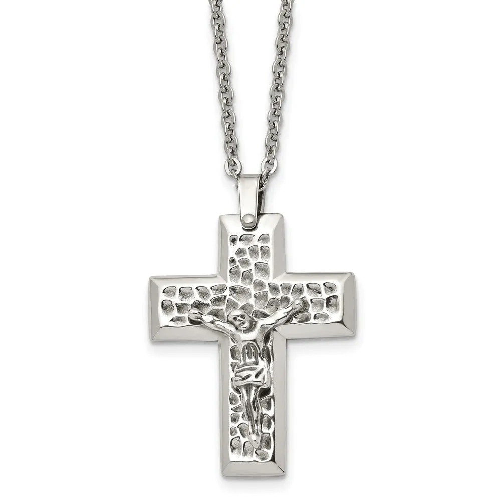 Men's Stainless Steel Textured Crucifix Cross Necklace, 20 Inch