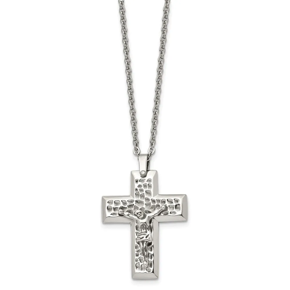 Men's Stainless Steel Textured Crucifix Cross Necklace, 20 Inch