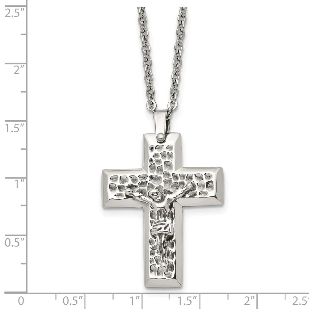 Men's Stainless Steel Textured Crucifix Cross Necklace, 20 Inch