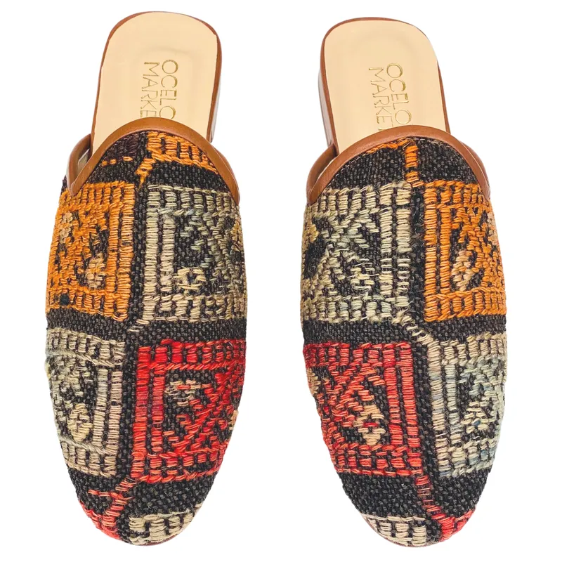 Men's Turkish Kilim Mule 9 - Beige, Orange, Red on Brown Background