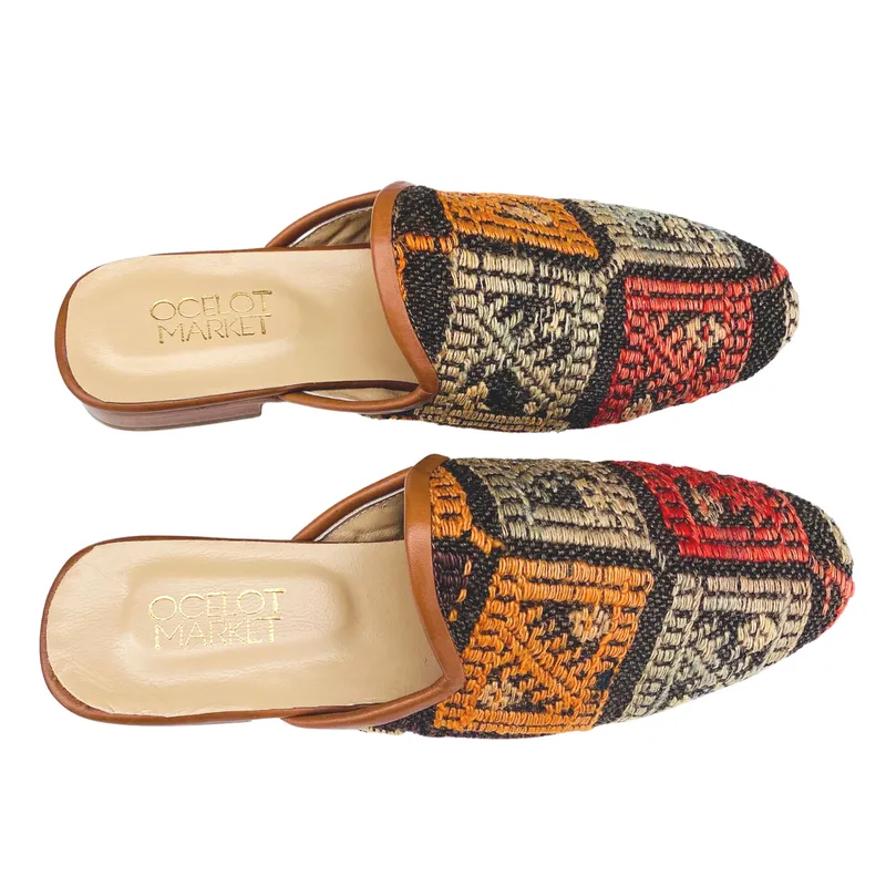 Men's Turkish Kilim Mule 9 - Beige, Orange, Red on Brown Background