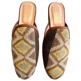 Men's Turkish Kilim Mules | Brown with Yellow Pattern