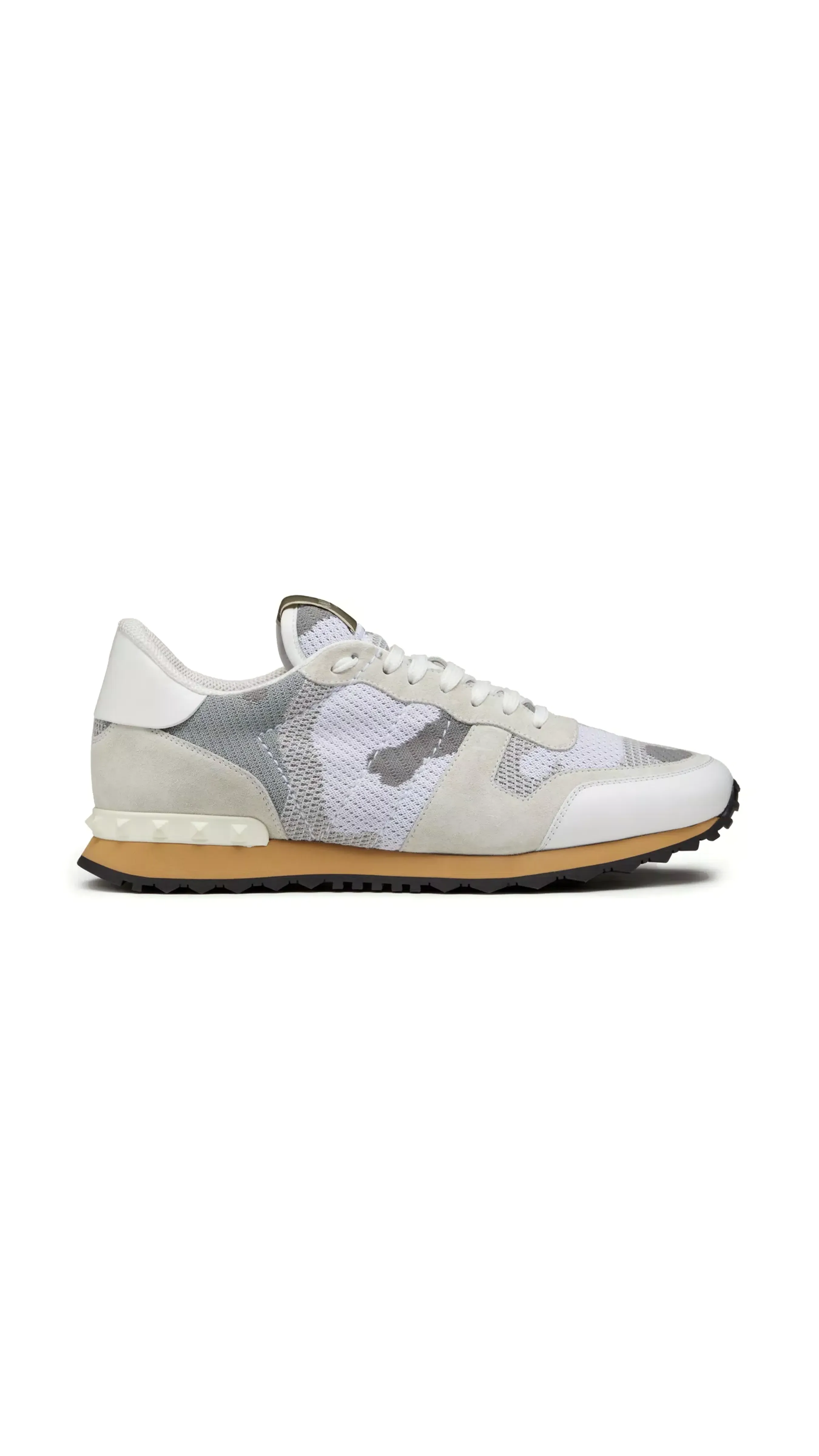 Mesh Fabric Camouflage Pockstud Sneakers - White/Pastel Gray