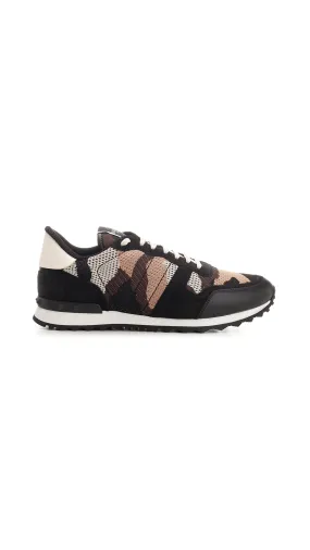 Mesh Fabric Camouflage Rockstud Sneakers - Black/Brown/Multi