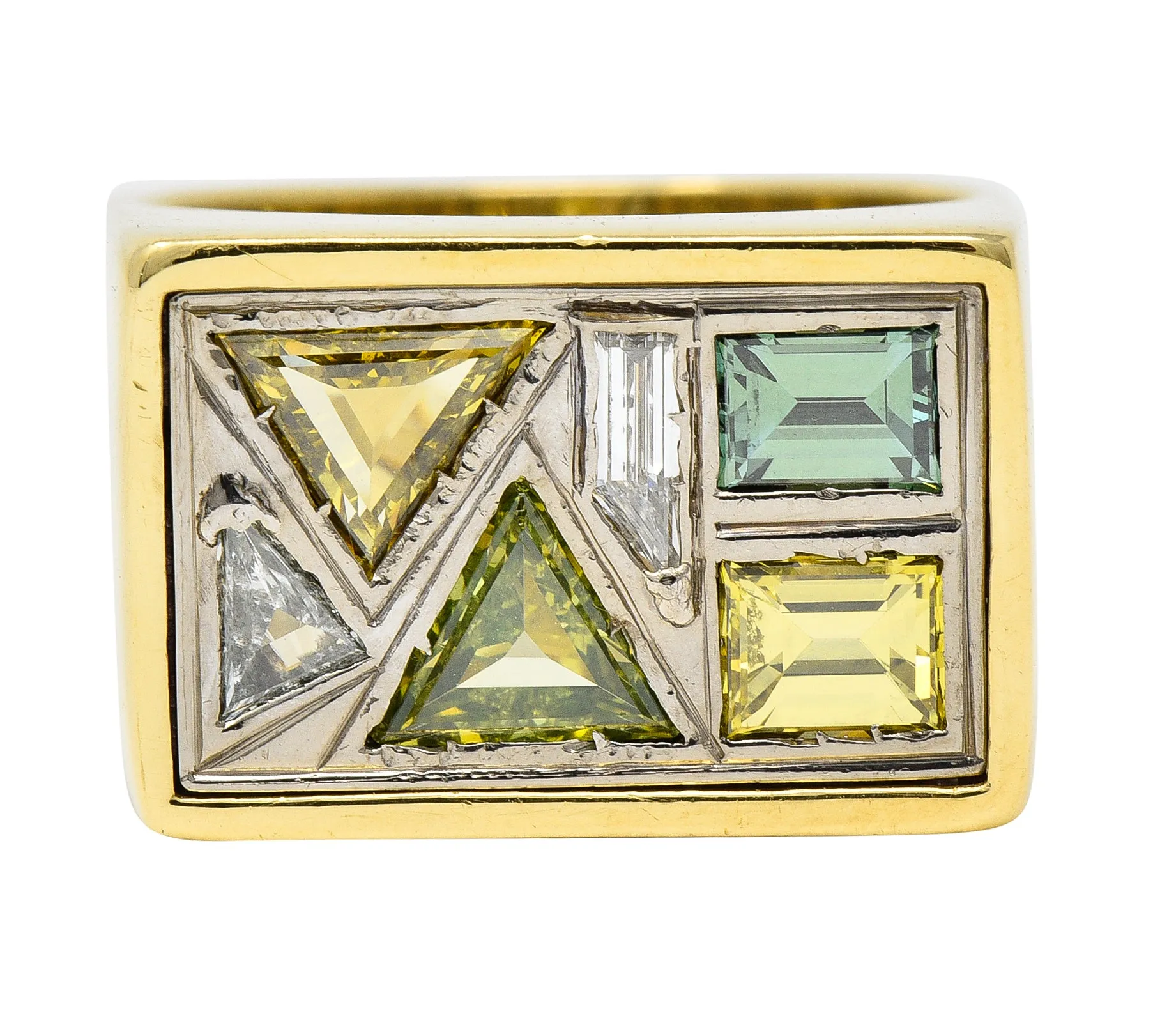 Modernist 2.84 CTW Fancy Diamond 18 Karat Two-Tone Gold Geometric Inlay Vintage Cluster Unisex Ring